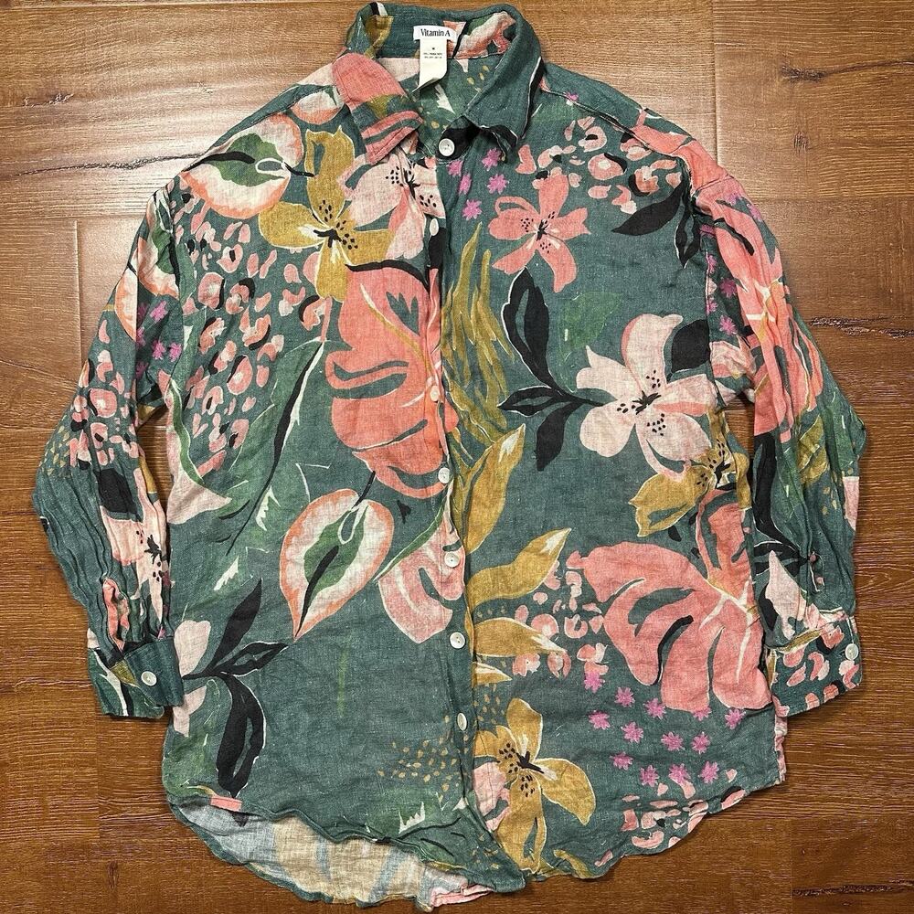 Vitamin A Button Up Shirt Womens M Green Floral Oversized 100% Linen Blouse Top